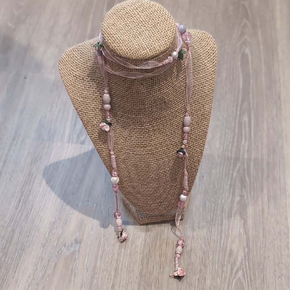 Pink Beaded Necklace Long Rosettes Design